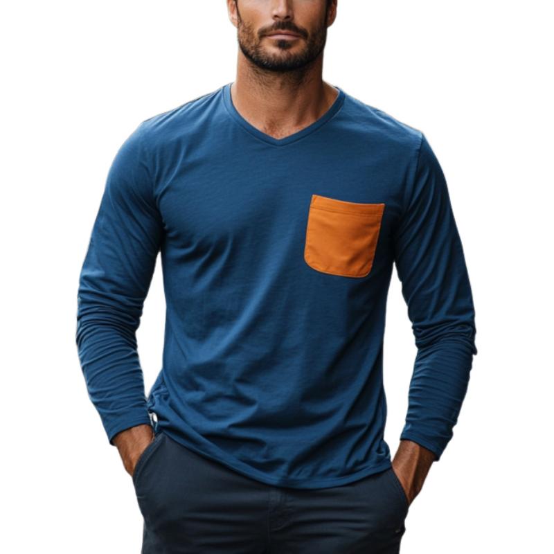 Men's Classic Casual V-Neck Cotton Long Sleeve T-Shirt 9882787381432