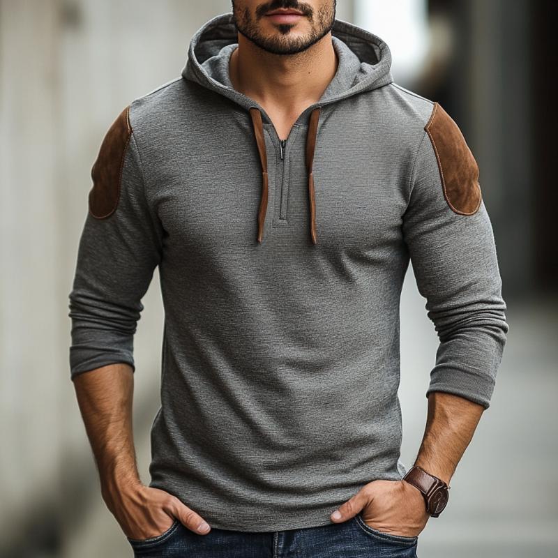 Men's Fashion Cotton Suede Patchwork Zipper Neck Slim Fit Hoodie 9271920787640
