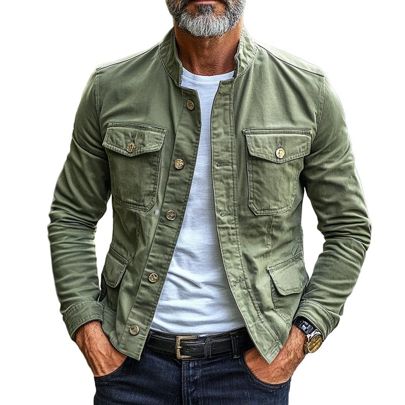 Men's Retro Solid Color Stand Collar Multi-pocket Single Breasted Cargo Jacket 9267506970808
