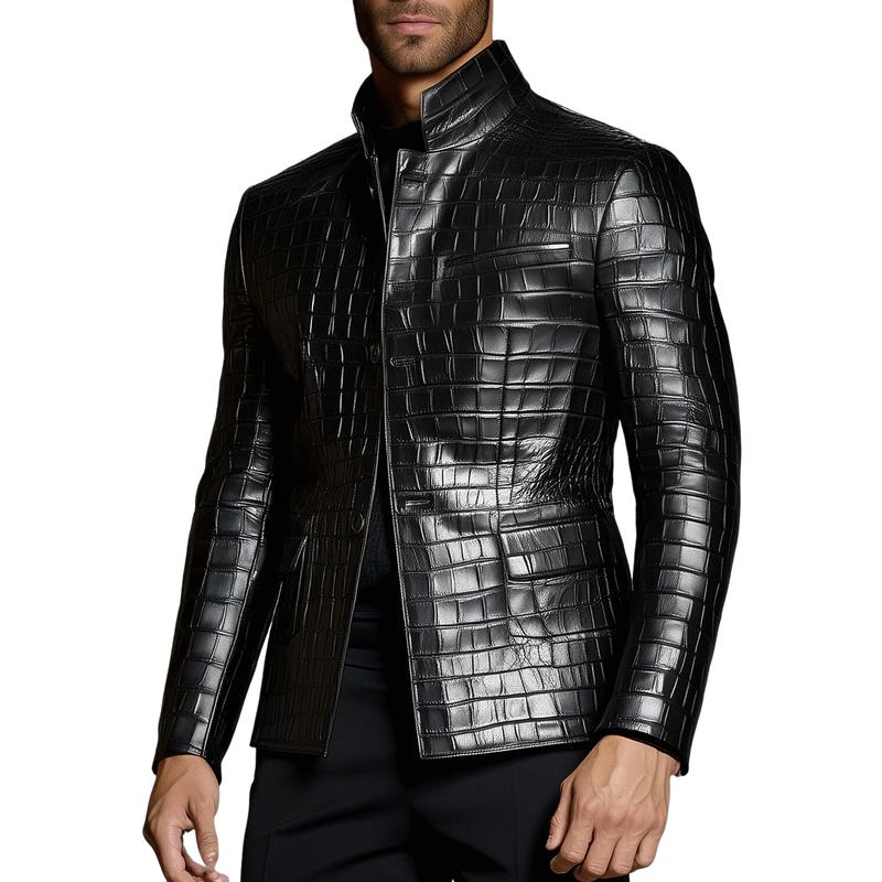 Men's Fashion Check Embossed Lapel Single Breasted Leather Blazer 9877217476792