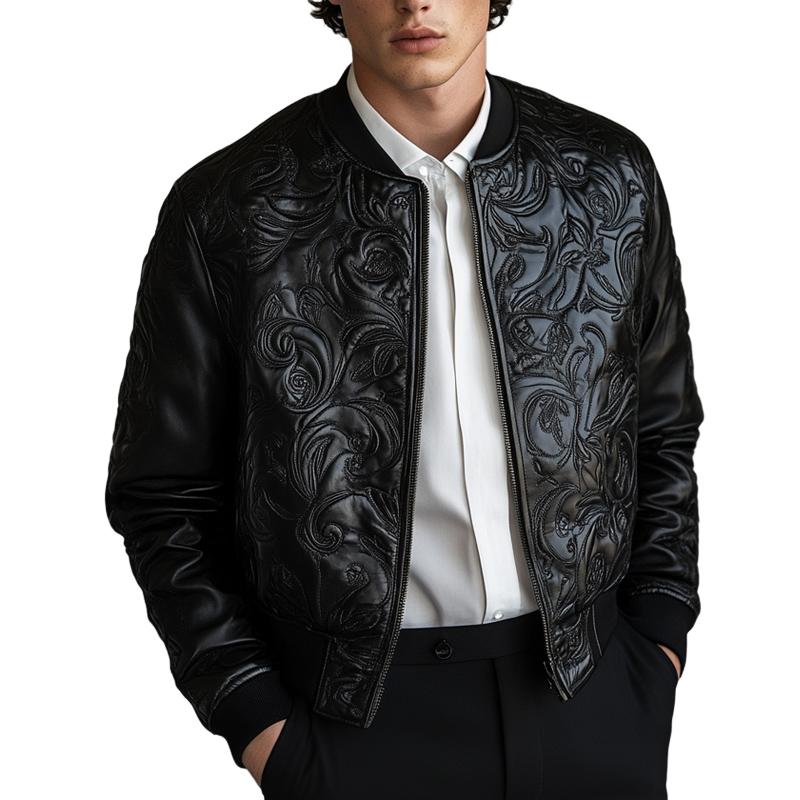 Men's Black Embossed Zip-Up Leather Jacket 9273155715256