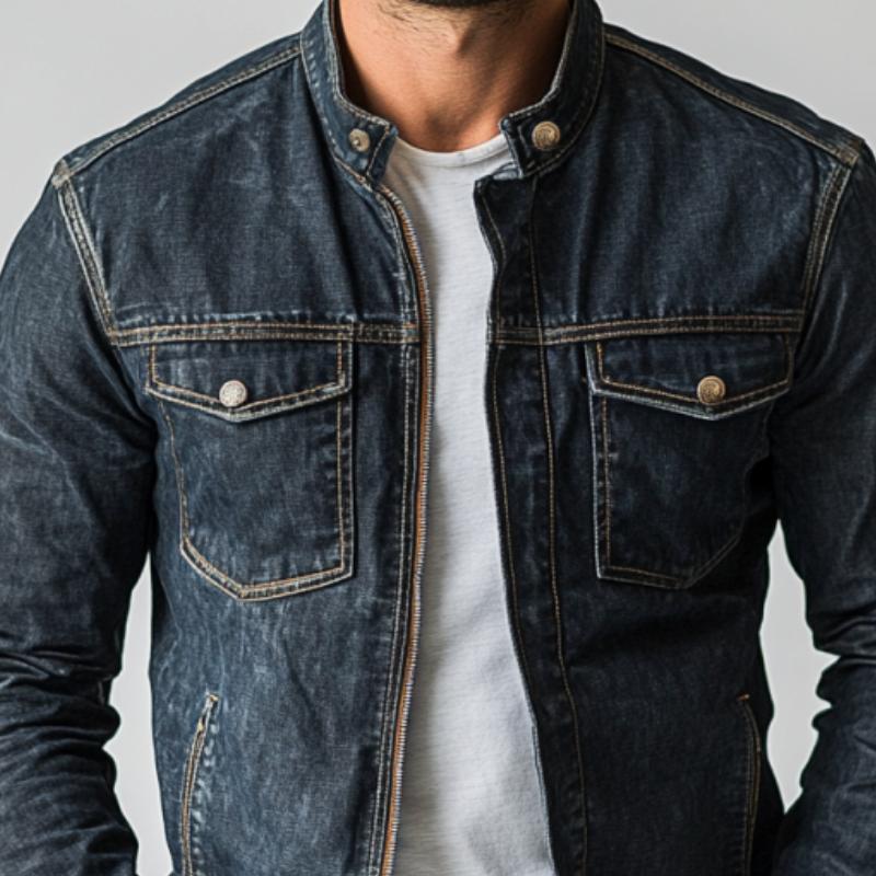 Men's Vintage Washed Stand Collar Multi Pocket Denim Jacket 9887362941112