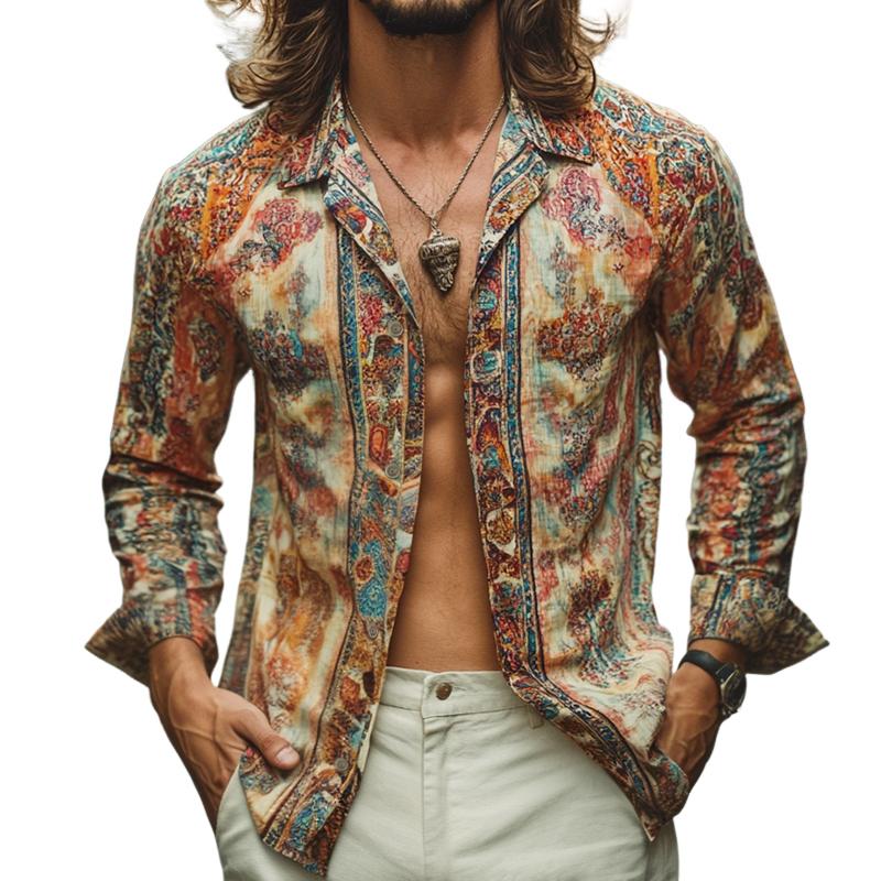 Men's Retro Casual Print Lapel Long Sleeve Shirt 9886819844280