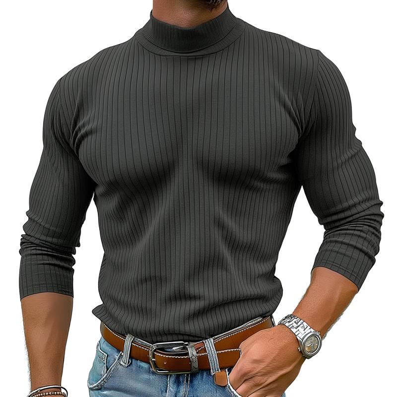 Men's Solid Color Striped Short High Collar Long Sleeve Casual T-shirt 9261137559736