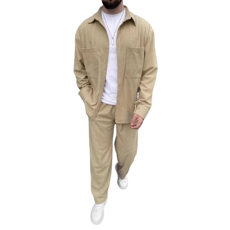Men's Solid Corduroy Lapel Chest Pocket Jacket Trousers Casual Set 9267507232952
