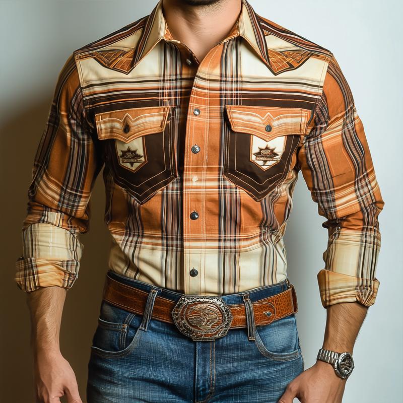 Men's Western Style Graphic Lapel Chest Pocket Long Sleeve Shirt 9877216886968