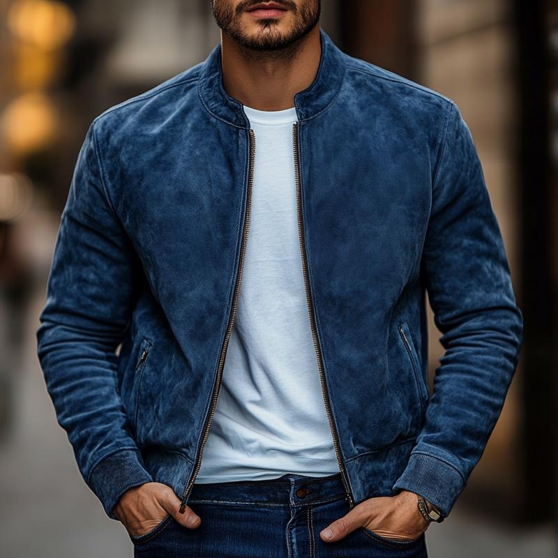 Men's Casual Fashion Stand Collar Zipper Suede Jacket 9888007422136