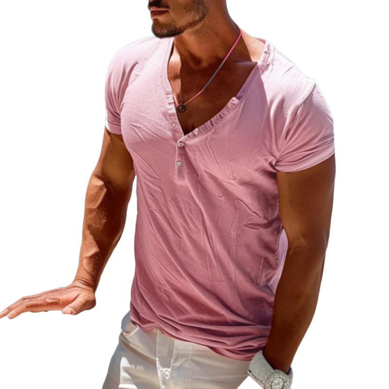 Men's Solid Buttons V Neck Short Sleeve T-shirt 9261131727032