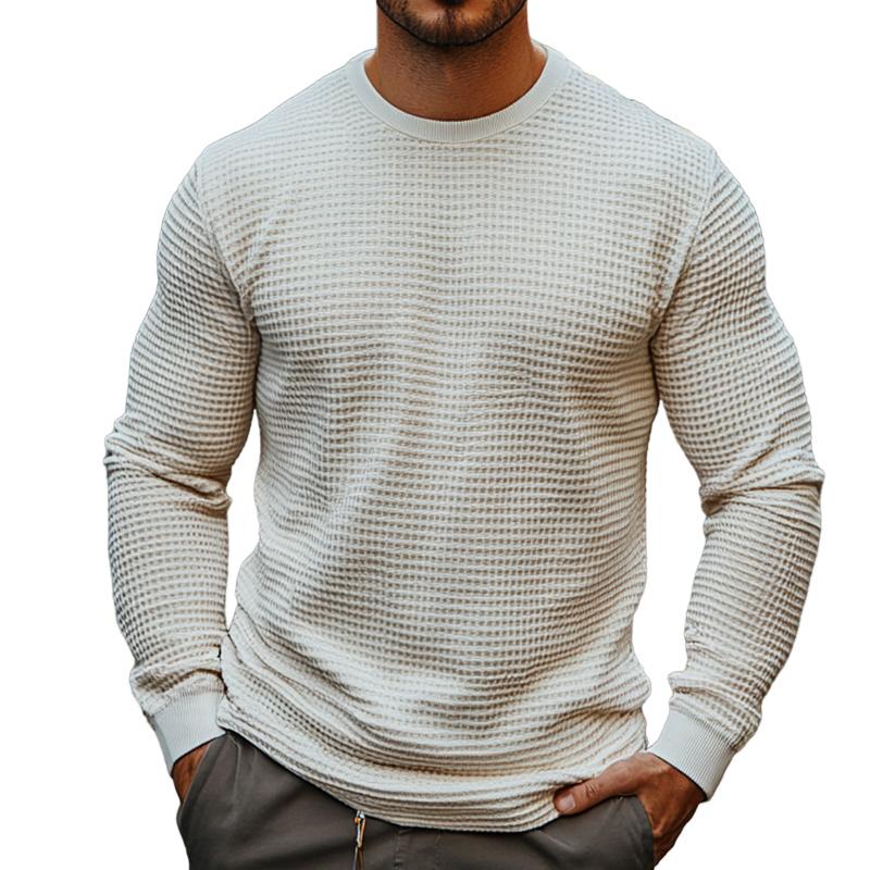 Men's Retro Casual Solid Color Waffle Round Neck Long Sleeve T-Shirt 9879659184312