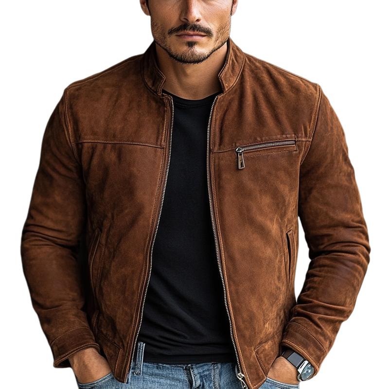Men's Classic Casual Slim Fit Multi-Pocket Stand Collar Suede Jacket 9261097025720