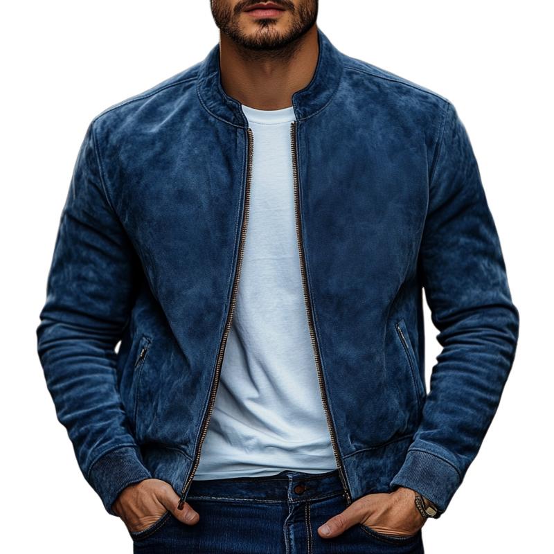 Men's Casual Fashion Stand Collar Zipper Suede Jacket 9888007422136