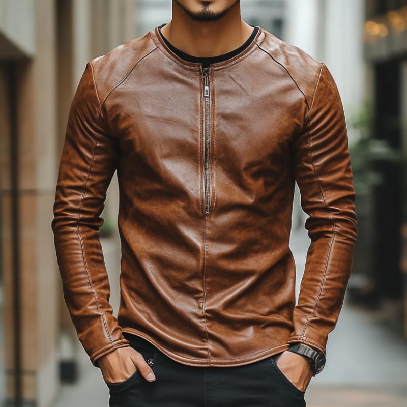 Men's Casual Fashion Round Neck Zipper Slim Leather Long Sleeve T-Shirt 9885322477752