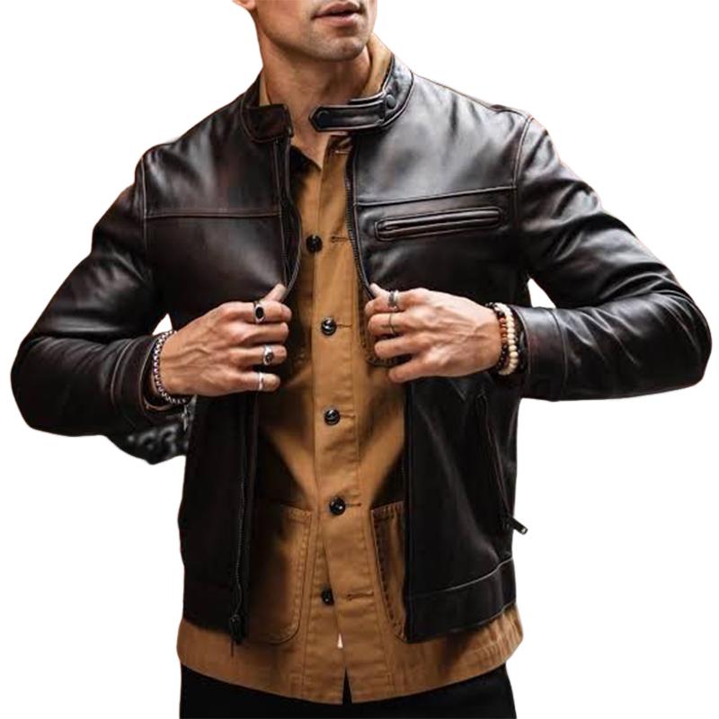 Men's Vintage Distressed Zipper Leather Jacket 9886817616056