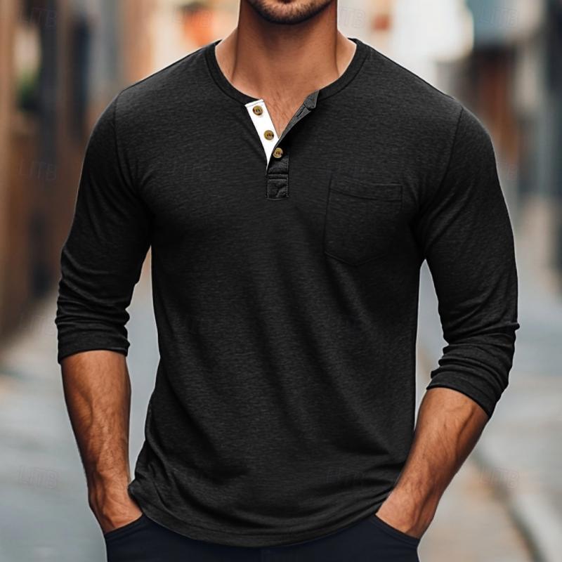 Men's Solid Color Button Round Neck Long Sleeve T-Shirt 9261142900920