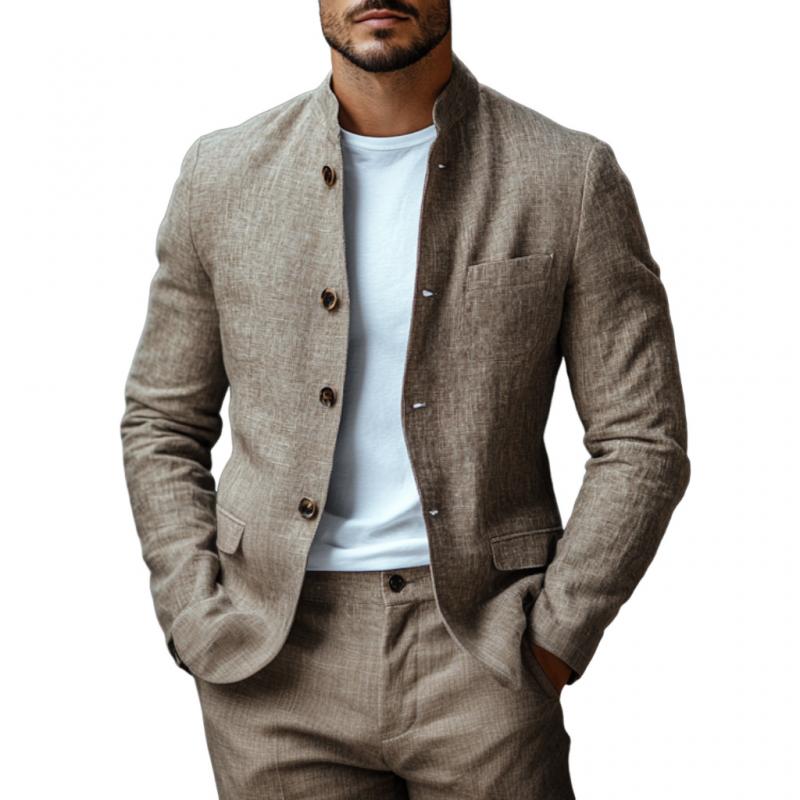 Men's Casual Linen Stand Collar Single Breasted Slim Fit Blazer 9880239276216