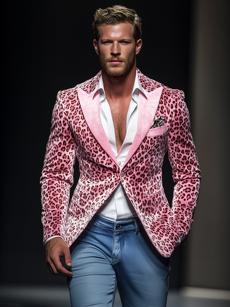 Men's Casual Lapel Leopard Velvet Blazer 9888735690936