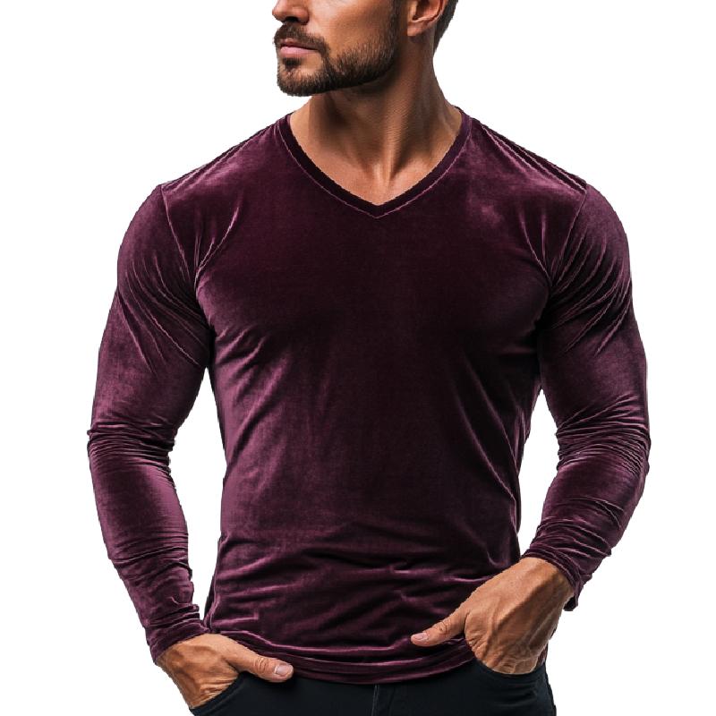Men's Casual V-neck Slim Velvet Long Sleeve T-shirt 9271925670072