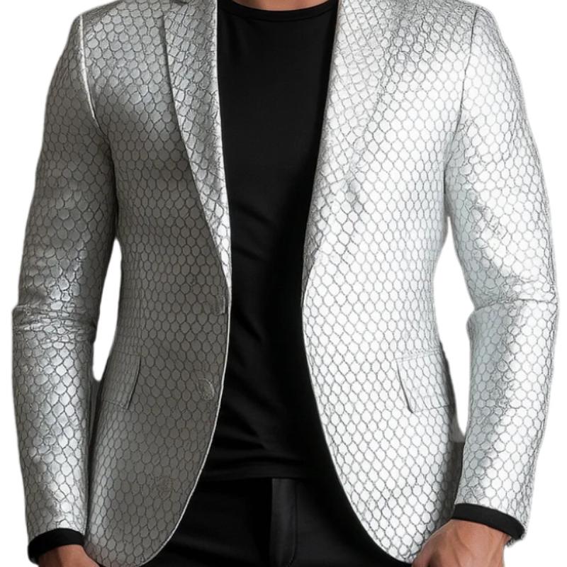Men's Solid Color Lapel Two-button Fish Scale Pattern Leather Blazer 9887361138872