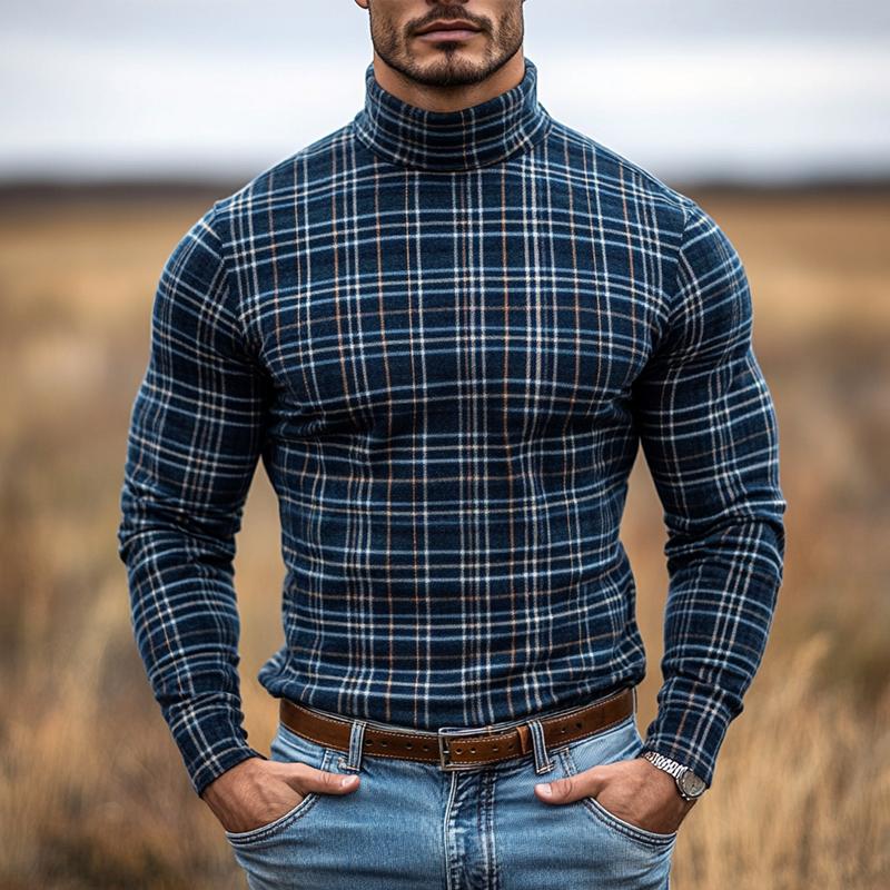 Men's Vintage Checked High Collar Long Sleeve Casual T-shirt 9884640510136