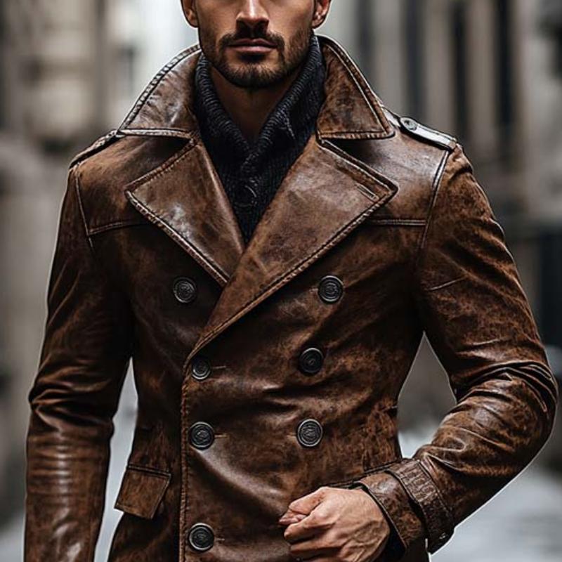 Men's Classic Vintage Slim Lapel Double Breasted Leather Jacket 9873139564728