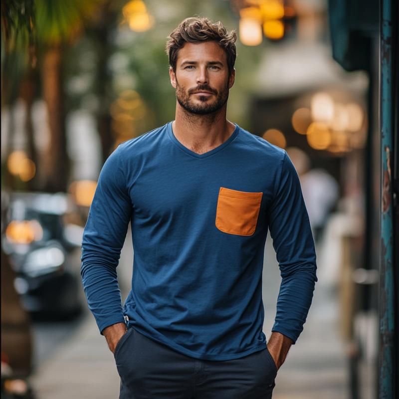Men's Classic Casual V-Neck Cotton Long Sleeve T-Shirt 9882787381432
