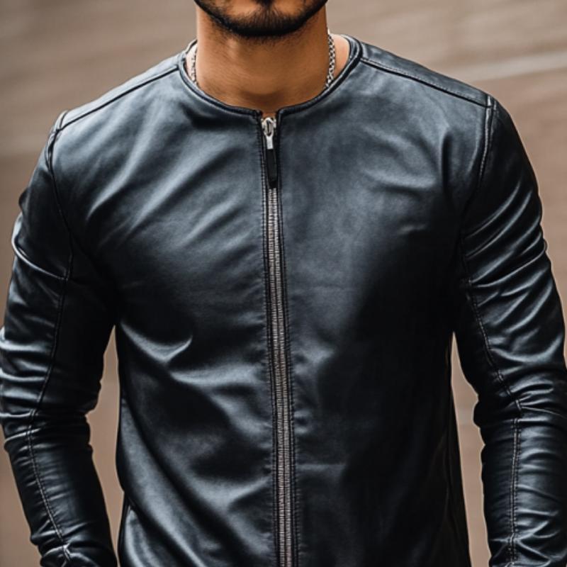 Men's Casual Fashion Round Neck Zipper Slim Leather Long Sleeve T-Shirt 9885322510520