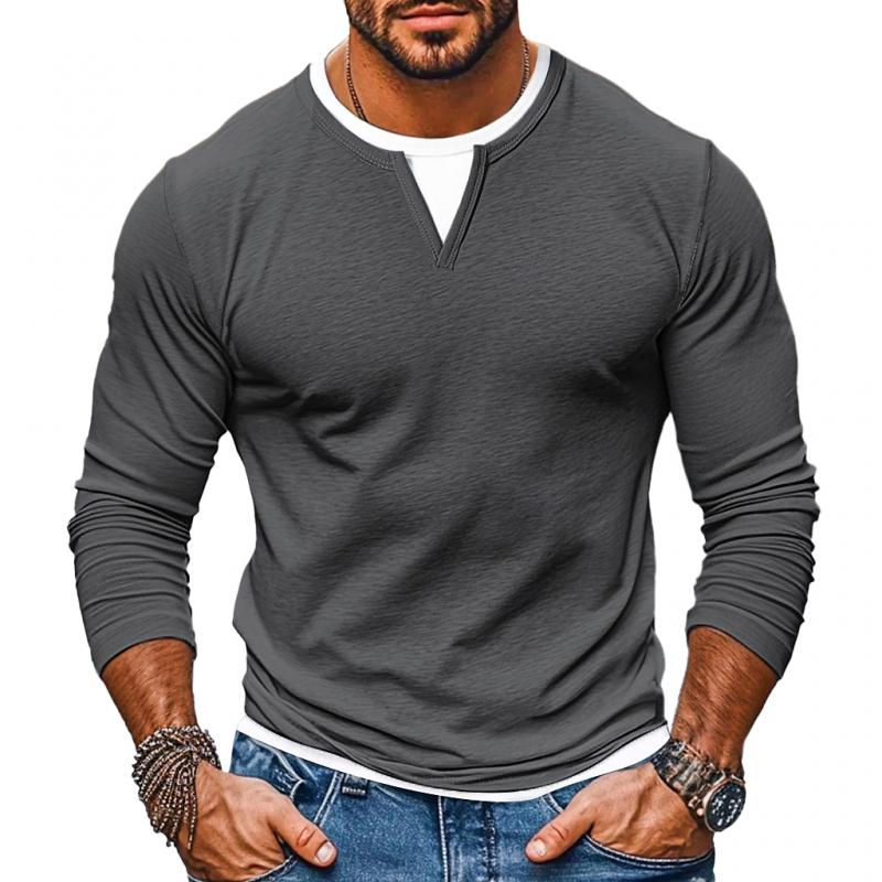 Men's Casual Color Matching Fake Two-Piece Double-Layer V-Neck Long-Sleeved T-Shirt 9268189003960