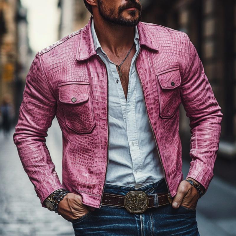 Men's Vintage Crocodile Leather Lapel Zipper Slim Jacket 9887360450744