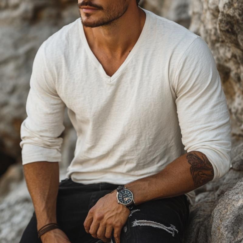 Men's Casual Cotton V-neck Loose Long Sleeve T-shirt 9260832817336