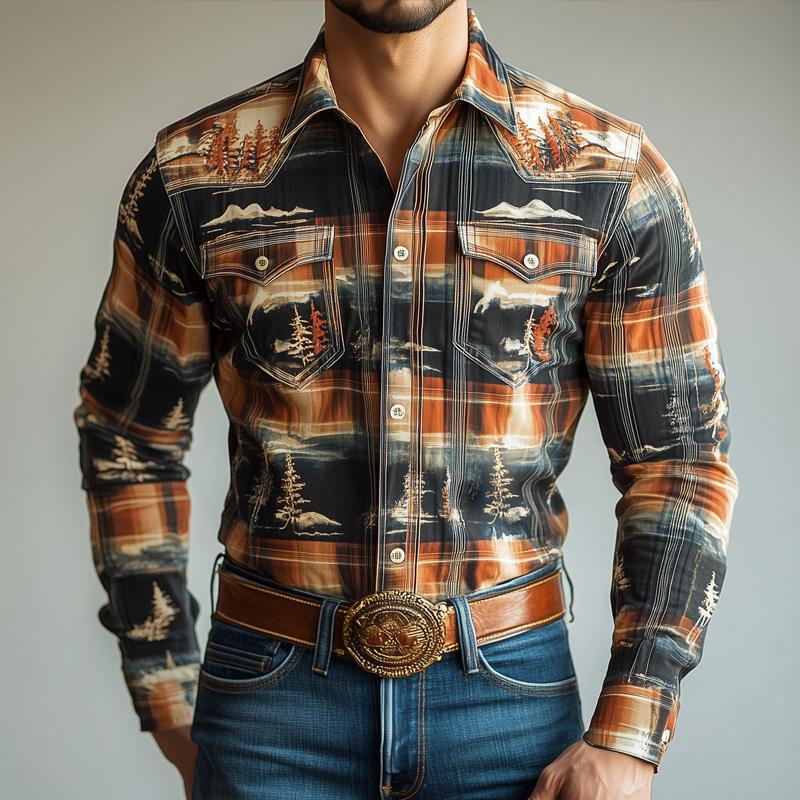 Men's Western Style Graphic Lapel Chest Pocket Long Sleeve Shirt 9877216985272
