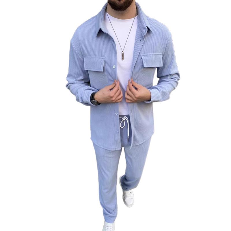 Men's Solid Corduroy Lapel Chest Pocket Jacket Trousers Casual Set 9267507200184