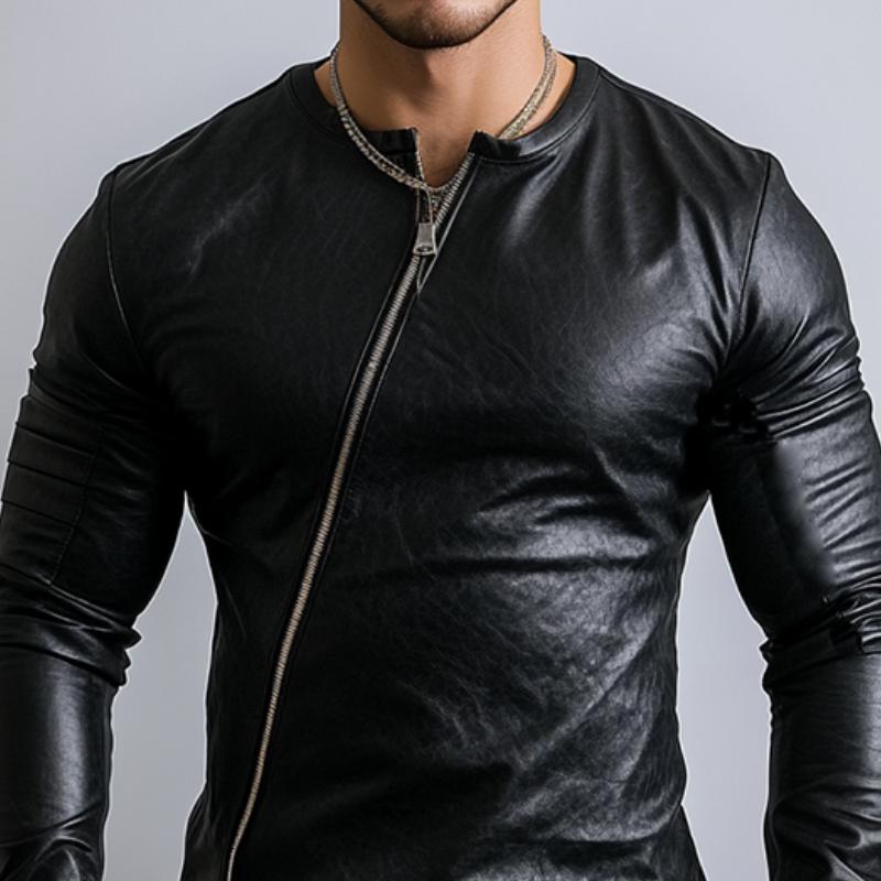 Men's Stylish Round Neck Zippered Placket Slim Fit leather long sleeve T-shirt 9885322444984