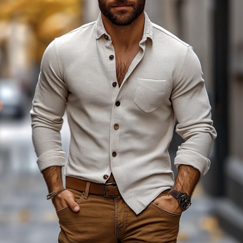 Men's Casual Cotton Linen Blended Lapel Slim Fit Long Sleeve Shirt 9877214986424