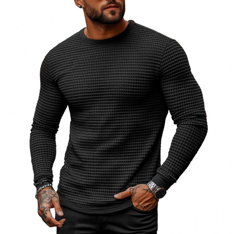 Men's Casual Waffle Collar Slim Fit Long Sleeve T-shirt 9274167328952