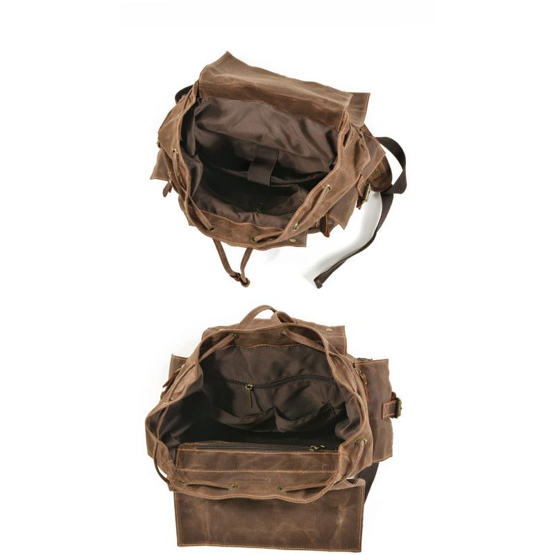 Men's Vintage Beeswax Canvas Outdoor Leather Multi-Pocket Backpack 9262190395576