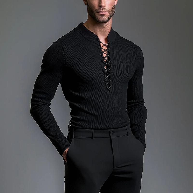 Men's Casual Solid Color Ribbed Neck Tie Slim Fit Long Sleeve T-shirt 9877642969272