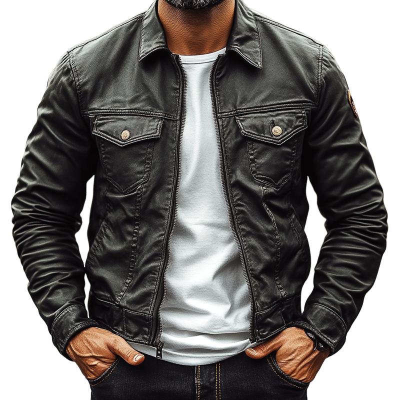 Men's Vintage PU Leather Lapel Chest Pocket Zipper Biker Jacket 9272630870200