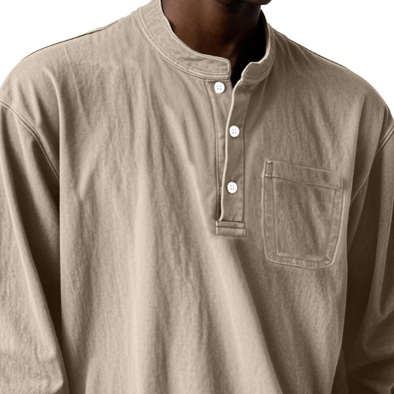 Men's Solid Loose Henley Collar Long Sleeve Casual T-shirt 9274152321208