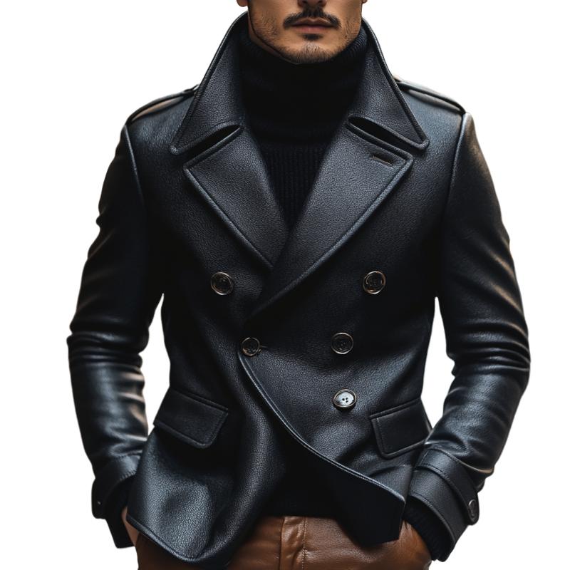 Men's Vintage Notch Lapel Double Breasted Slim Fit Leather Blazer 9266614862008