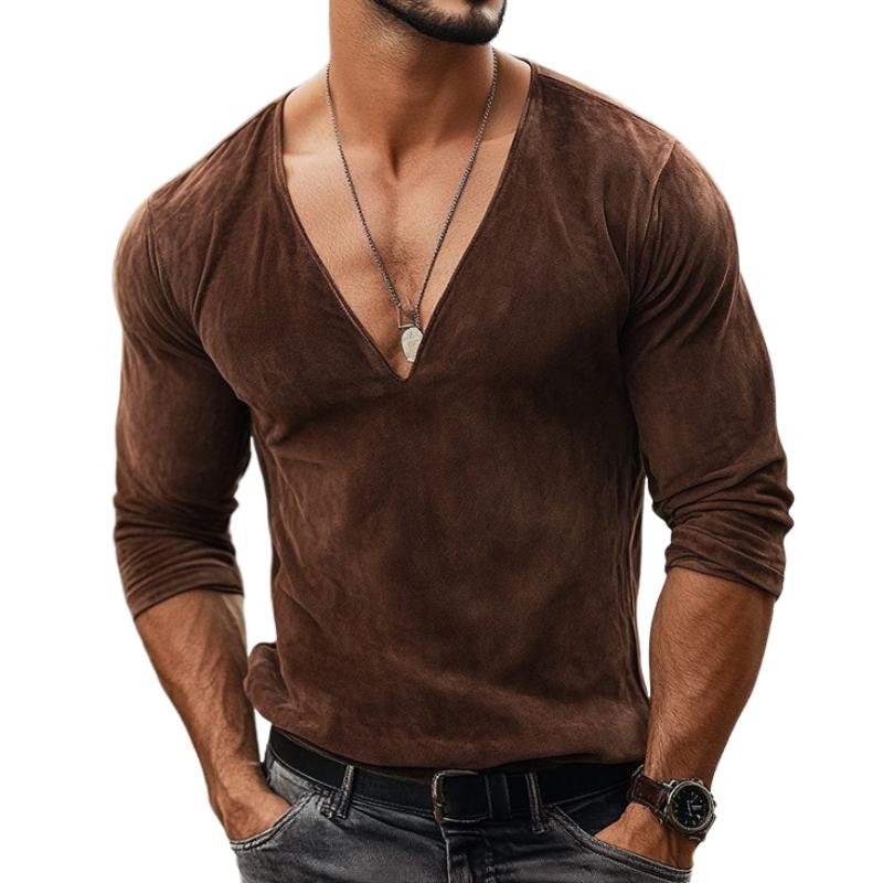 Men's Fashion Suede V-Neck Slim Fit Long Sleeve T-Shirt 9879659643064
