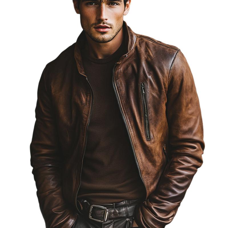 Men's Vintage Stand Collar Zipper Leather Jacket 9273155944632