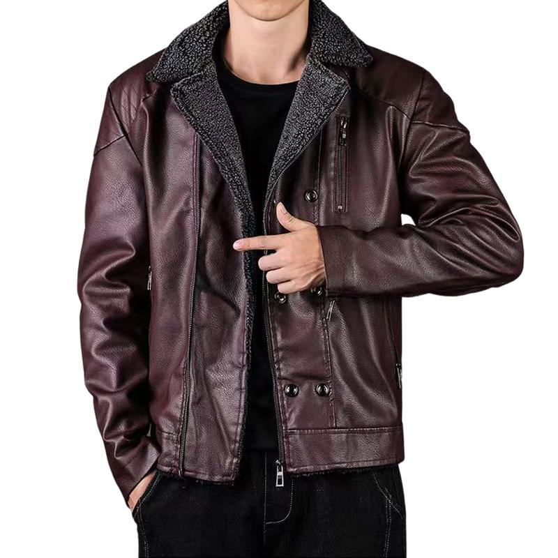 Men's Vintage Leather Fleeve Warm Zipper Slanted Placket Blazer 9268189855928