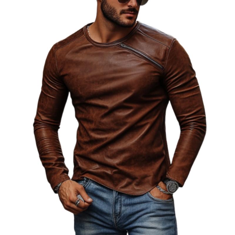 Men's Casual Fashionable Round Collar Slim Fit Leather Long Sleeve T-shirt 9885322346680