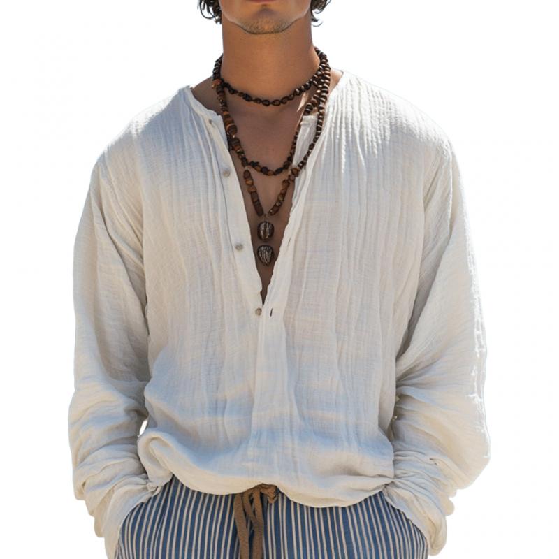 Men's Casual Cotton Linen Button Pullover Loose Long Sleeve Shirt 9887360876728