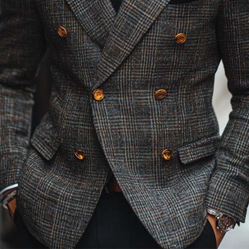 Men's Classic Retro Double Breasted Plaid Slim Fit Blazer 9274167034040