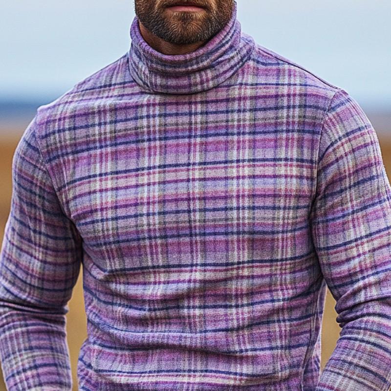 Men's Vintage Checked High Collar Long Sleeve Casual T-shirt 9884640575672