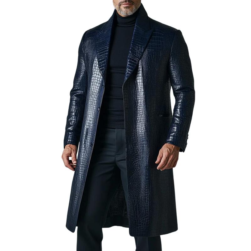 Men's Vintage Solid Color Crocodile Leather Mid-Length Trench Coat 9261108199608