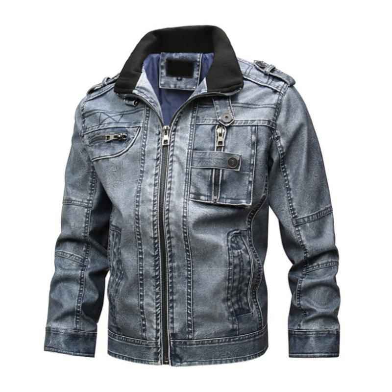 Men's Vintage Stand Collar Multi-Pocket Zippered Leather Motorcycle Jacket 9261088899256