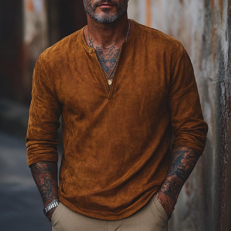 Men's Retro V-neck Air Layer Suede Long Sleeve T-shirt 9272244469944