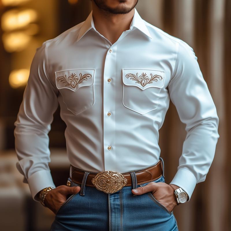 Men's Vintage Embroidered Pockets Lapel Long Sleeve Shirt 9877216919736